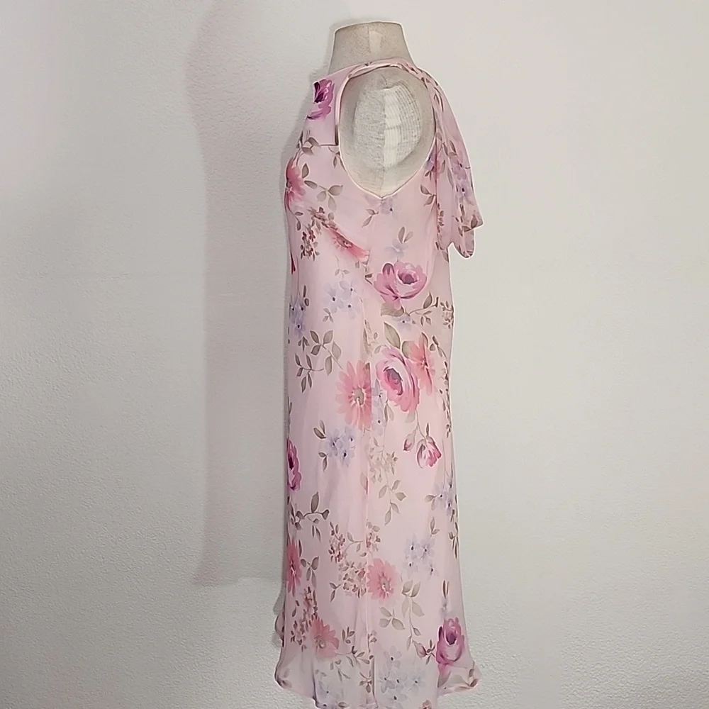 Dress Cowl Drape Back Floral Semi Sheer Overlay Lined Pink Size M - Picture 5 of 9